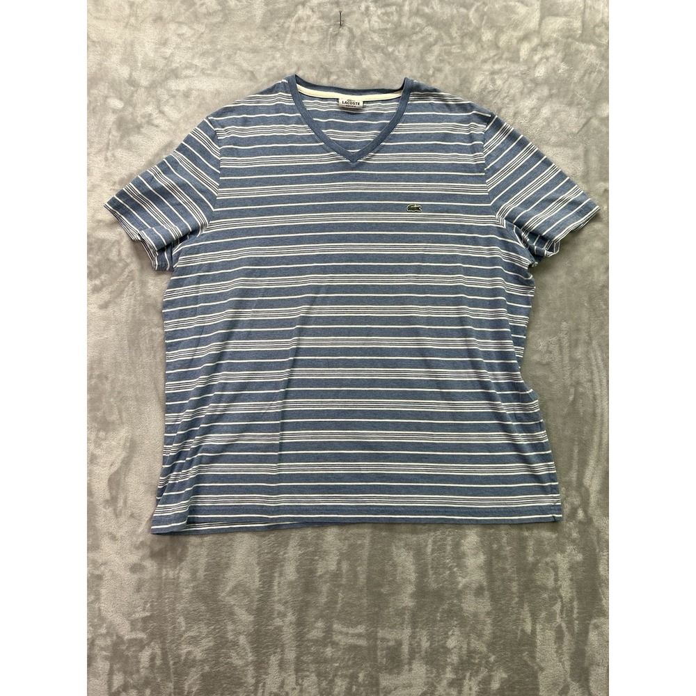 Lacoste Men's Blue White Striped Cotton V-Neck T-Shirt Sz 9 Preppy Athleisure